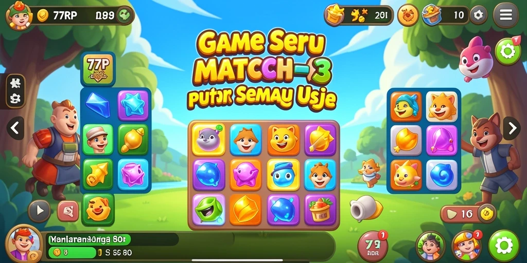 Tampilan gameplay 77RP dengan berbagai permata berwarna-warni.