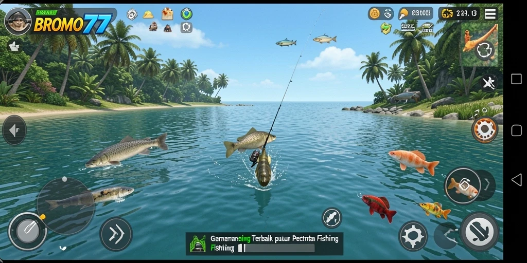 Screenshot BROMO77 menunjukkan pemain yang sedang memancing di danau yang indah.