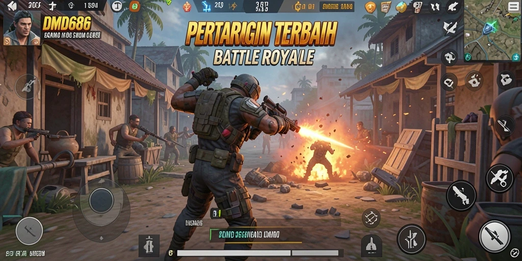 Screenshot yang menampilkan pertempuran intens dalam game Battle Royale.