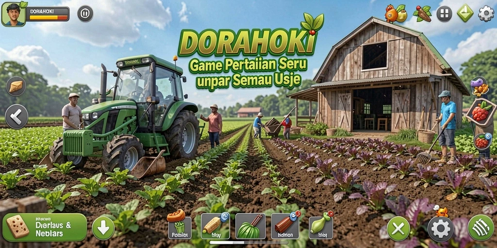 Tampilan gameplay DORAHOKI dengan ladang yang subur dan hewan peliharaan.