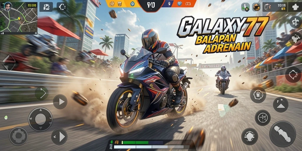 Tangkapan layar menampilkan aksi balapan motor yang mendebarkan.