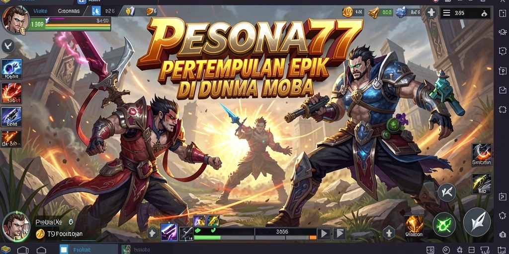 Tangkapan layar utama PESONA77 menampilkan aksi pertarungan MOBA yang intens.