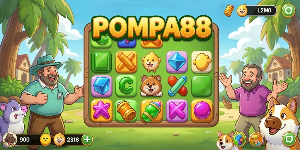 Screenshot utama POMPA88 menampilkan gameplay Match-3 yang seru.