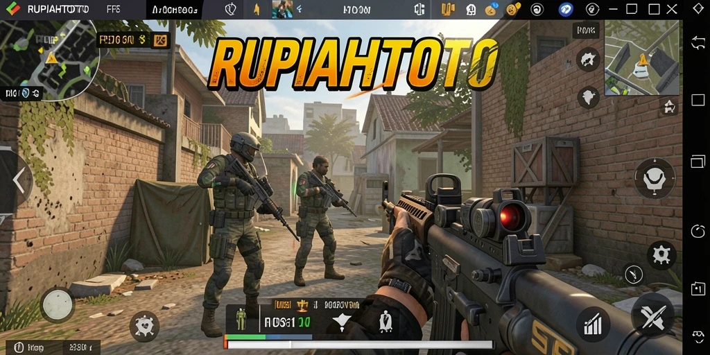 Screenshot gameplay RUPIAHTOTO yang menampilkan aksi seru di medan perang FPS.