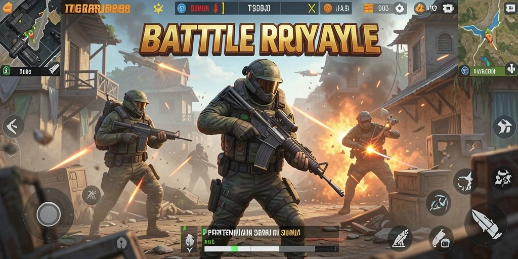 Screenshot gameplay TIGERJP88 menampilkan aksi Battle Royale yang mendebarkan.