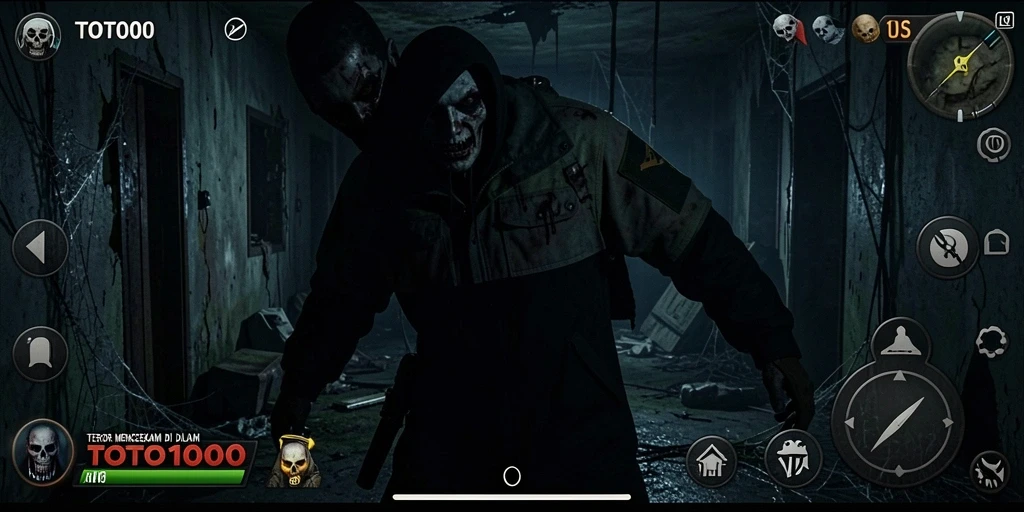 Screenshot TOTO1000 menampilkan suasana mencekam saat menjelajahi ruangan gelap.